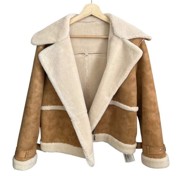 J.ING Womens Faux Suede Sherpa Lined Aviator Flight Jacket Brown Large Retro - Picture 1 of 11